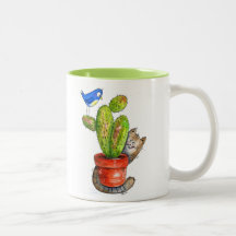 Whimsical Sneaky Cat with Cactus