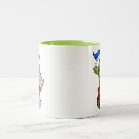 Whimsical Sneaky Cat with Cactus Zweifarbige Tasse (Mittel)