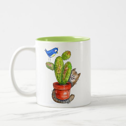 Whimsical Sneaky Cat with Cactus Zweifarbige Tasse (Links)