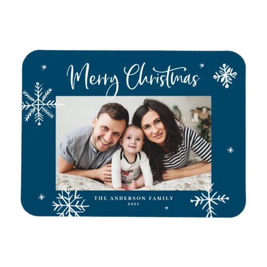 Whimsical Snowflakes Blau Frohe Weihnachten Foto Magnet (Horizontal)