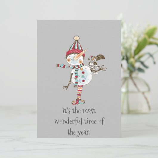 Whimsical Snowman Elf Feiertagskarte (Stehend Vorderseite)