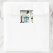 Whimsical Snowman im Winter Weihnachten Zeichnend Quadratischer Aufkleber (Tasche)