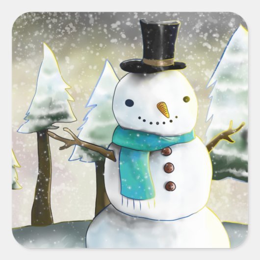Whimsical Snowman im Winter Weihnachten Zeichnend Quadratischer Aufkleber (Vorderseite)