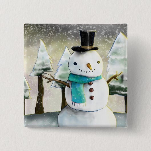 Whimsical Snowman im Winter Weihnachtslandschaft Button (Vorderseite)