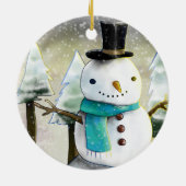 Whimsical Snowman im Winter Weihnachtslandschaft Keramik Ornament (Hinten)