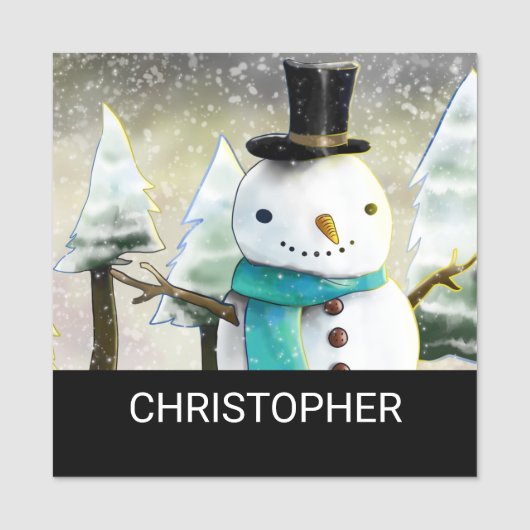 Whimsical Snowman im Winter Weihnachtslandschaft Namensschild (Vorderseite)