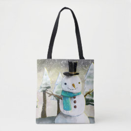 Whimsical Snowman im Winter Weihnachtslandschaft Tasche