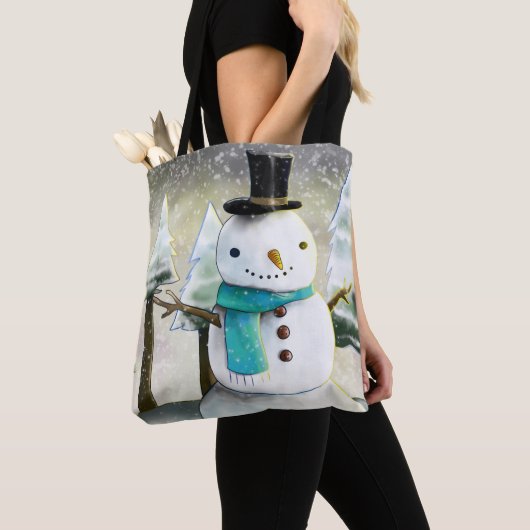 Whimsical Snowman im Winter Weihnachtslandschaft Tasche (Von Nahem)