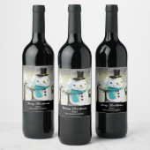 Whimsical Snowman im Winter Weihnachtslandschaft Weinetikett (Flaschen)