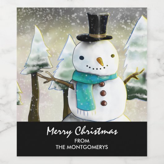 Whimsical Snowman im Winter Weihnachtslandschaft Weinetikett (Einzelnes Label)