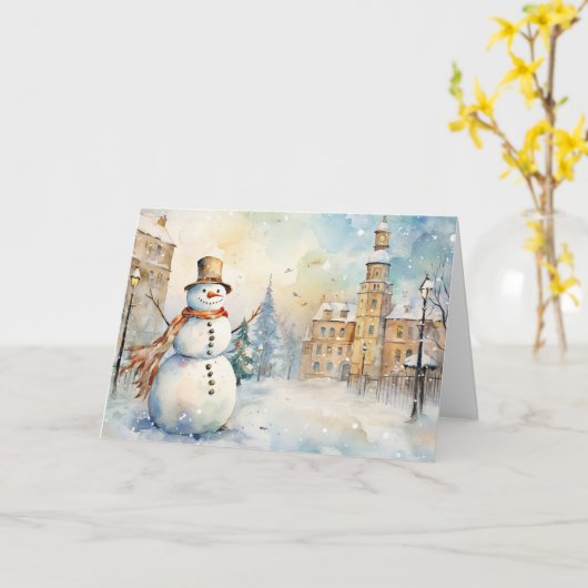 Whimsical Snowman in a Snowy Village Greeting Karte (Gelbe Blume)