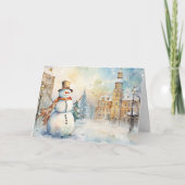 Whimsical Snowman in a Snowy Village Greeting Karte (Vorderseite)