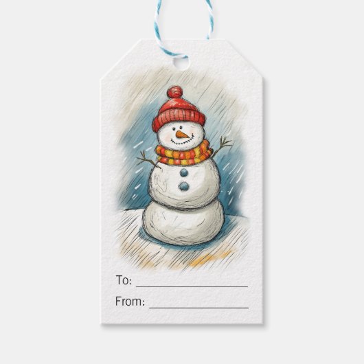 Whimsical Snowman in Orange Strick Cap and Scarf Geschenkanhänger (Vorderseite)