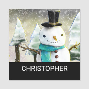 Whimsical Snowman in Winterweihnachtszene Namensschild