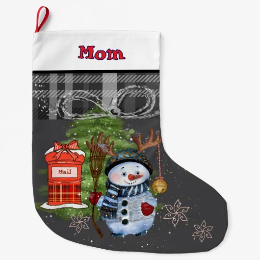 Whimsical Snowman Mailbox Christmas Stocking I Mom Großer Weihnachtsstrumpf (Vorderseite)
