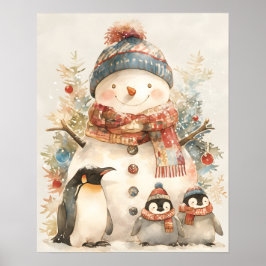 whimsical Snowman Penguins Watercolor Winter Decor Poster