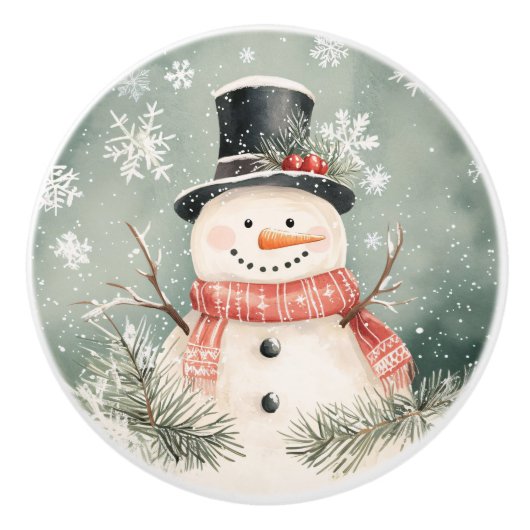 Whimsical Snowman Rustikale WeihnachtsIllustration Keramikknauf (Vorderseite)