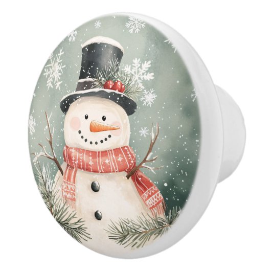 Whimsical Snowman Rustikale WeihnachtsIllustration Keramikknauf (Rechts)