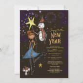 Whimsical Snowman & Starry Night New Year's Eve Einladung (Vorderseite)