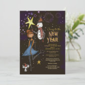 Whimsical Snowman & Starry Night New Year's Eve Einladung (Stehend Vorderseite)