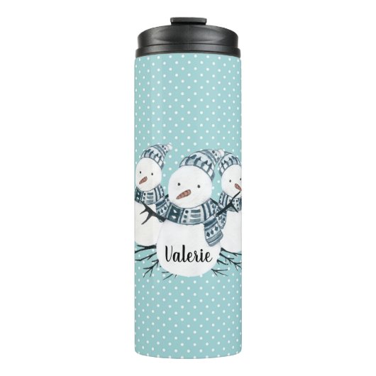 Whimsical Snowmen Trio Winter Polka Dots Thermosbecher (Vorderseite)
