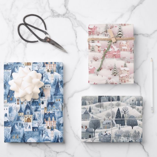 Whimsical Snowy Winter Village Holiday Pattern  Geschenkpapier Set (Vorderseite)