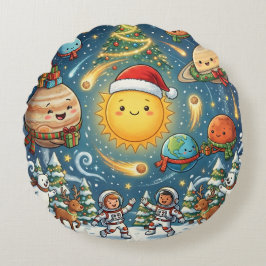 Whimsical Solar System Christmas Party with peopl Rundes Kissen
