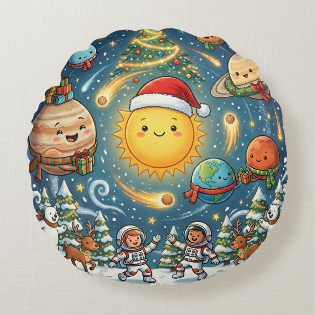  Whimsical Solar System Christmas Party with peopl Rundes Kissen (Vorderseite)