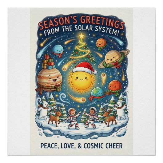 Whimsical Solar System Christmas Party with people Poster (Vorderseite)