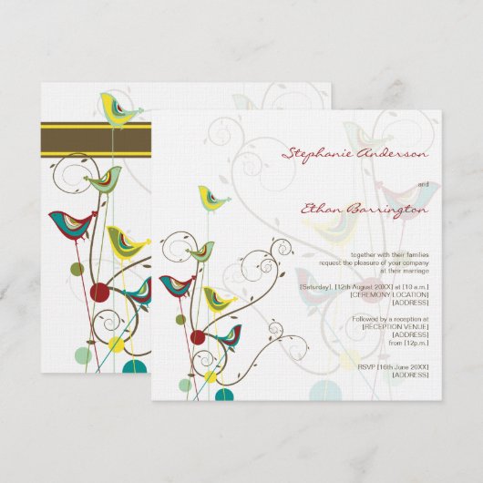 Whimsical Sommer Vögel und Wirbel Hochzeit Einladu Einladung (Vorne/Hinten)