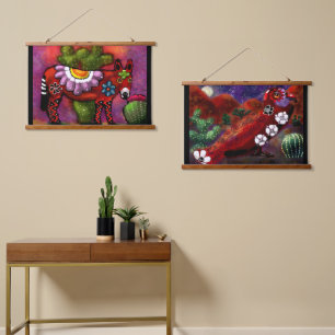 Whimsical Southwest Donkey & Bird Red Green Wandteppich Mit Holzrahmen