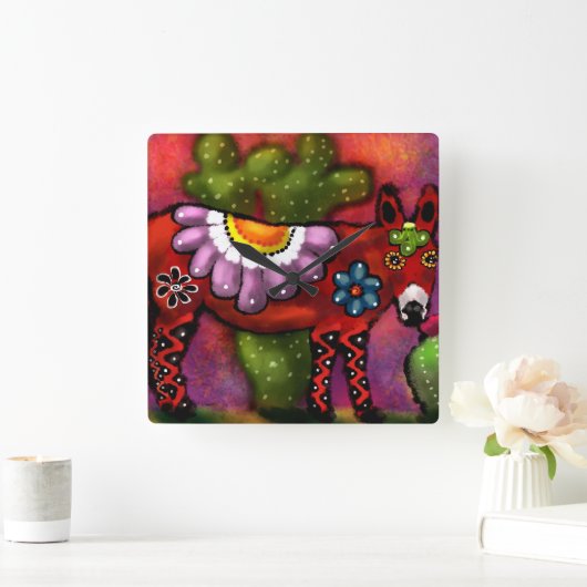 Whimsical Southwest Floral Talavera Style Donkey Quadratische Wanduhr (Zuhause)