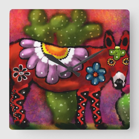 Whimsical Southwest Floral Talavera Style Donkey Quadratische Wanduhr (Vorderseite)