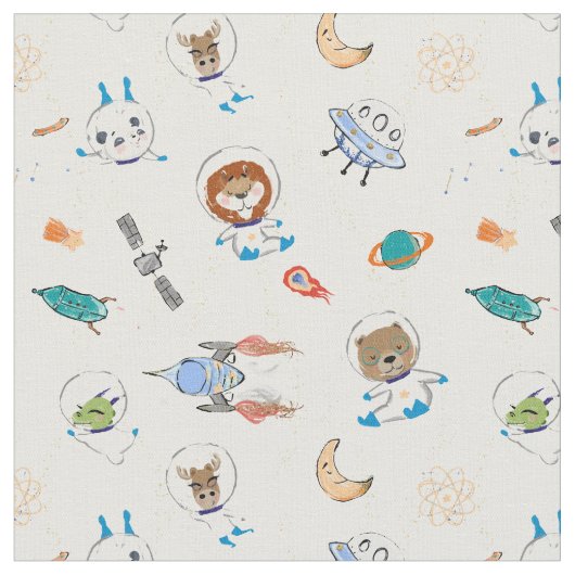 Whimsical Space Animals Astronaut Fabric Stoff (Nahaufnahme)