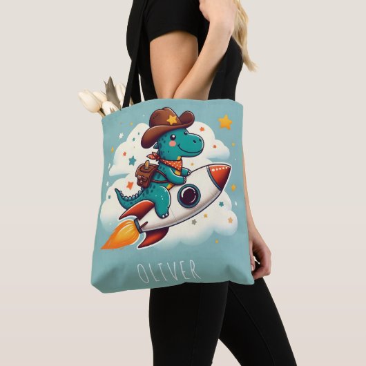 Whimsical Space Cowboy Dinosaur Riding Rocket Tasche (Von Nahem)