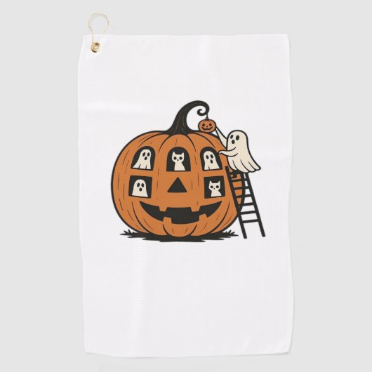 Whimsical Spooky Pumpkin mit Geistern, Katzen und Golfhandtuch (Vorderseite)