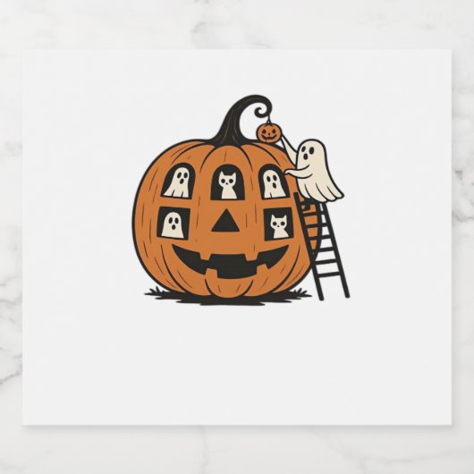 Whimsical Spooky Pumpkin mit Geistern, Katzen und Schaumweinetikett (Einzelnes Label)