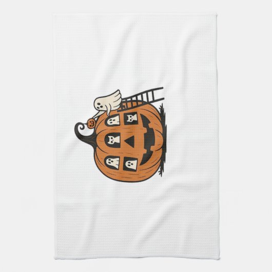 Whimsical Spooky Pumpkin with Ghosts, Cats & Hallo Geschirrtuch (Vertikal)