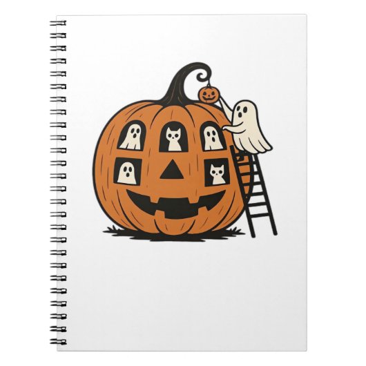 Whimsical Spooky Pumpkin with Ghosts, Cats & Hallo Notizblock (Vorderseite)