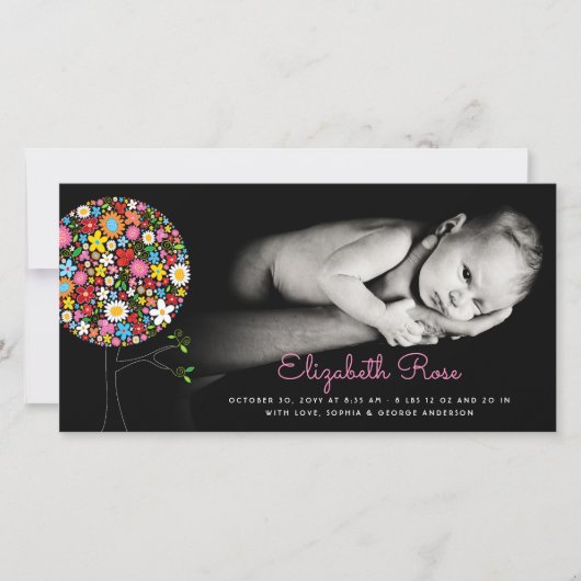 Whimsical Spring Flowers Pop Tree Foto Girl Birth Ankündigung (Vorderseite)