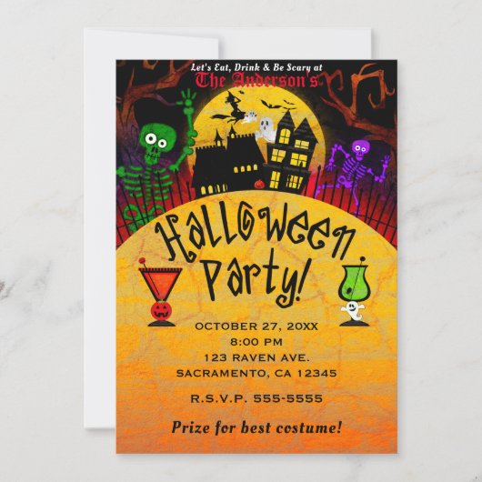 Whimsical Spuk House Skeleton Halloween-Party Einladung (Vorderseite)