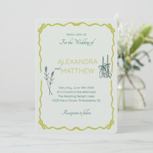 Whimsical Squiggle Wedding Einladung mit Bows (Stehend Vorderseite)