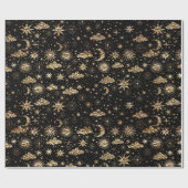 Whimsical Star Moon Planets Gold auf schwarz Geschenkpapier (Flach)