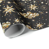 Whimsical Star Moon Planets Gold auf schwarz Geschenkpapier (Rolleneckpunkt)