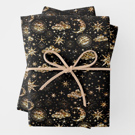 Whimsical Star Moon Planets Gold auf schwarz Geschenkpapier Set (Beispiel)