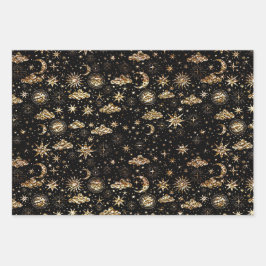 Whimsical Star Moon Planets Gold auf schwarz Geschenkpapier Set
