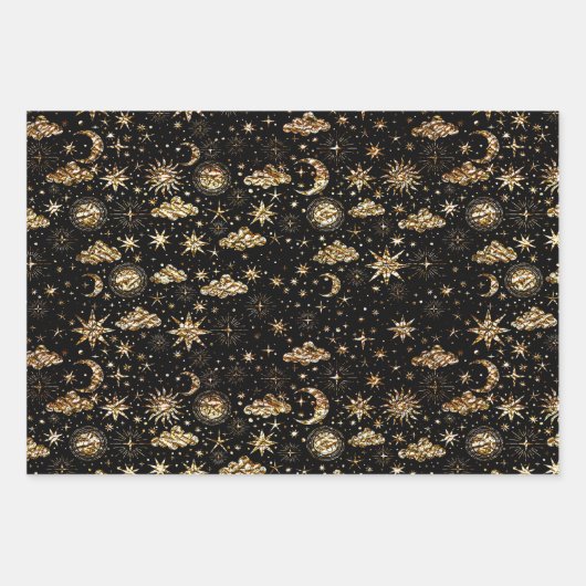 Whimsical Star Moon Planets Gold auf schwarz Geschenkpapier Set (Vorderseite)