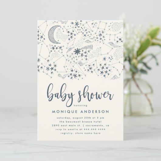 Whimsical Starry Night Constellation Baby Shower Einladung (Stehend Vorderseite)
