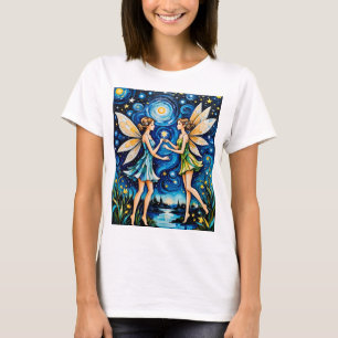 Whimsical Starry Night Fairy Art T - Shirt Fantasi