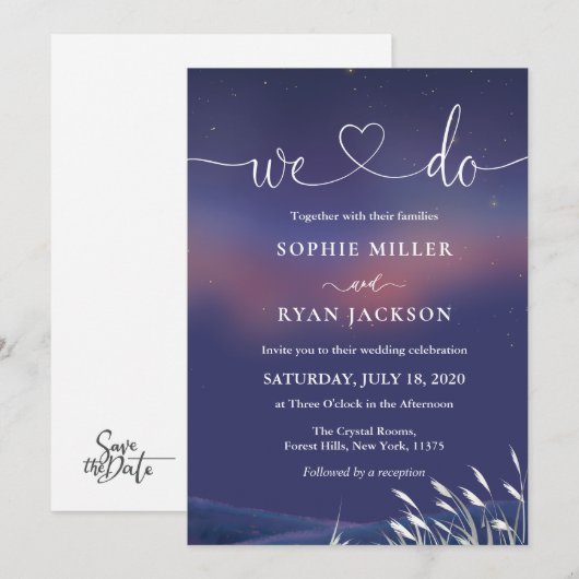 Whimsical Starry Night Script Modern Wedding  Einladung (Vorne/Hinten)